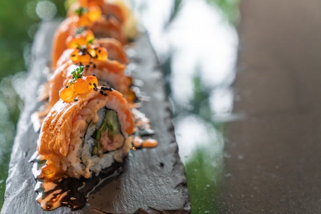 salmon sushi rolls with foie gras