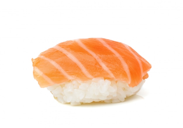 Salmon sushi on a white 