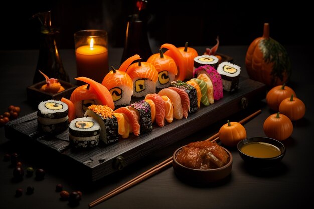 ハロウィーンのテーマのサルモン寿司 日本料理