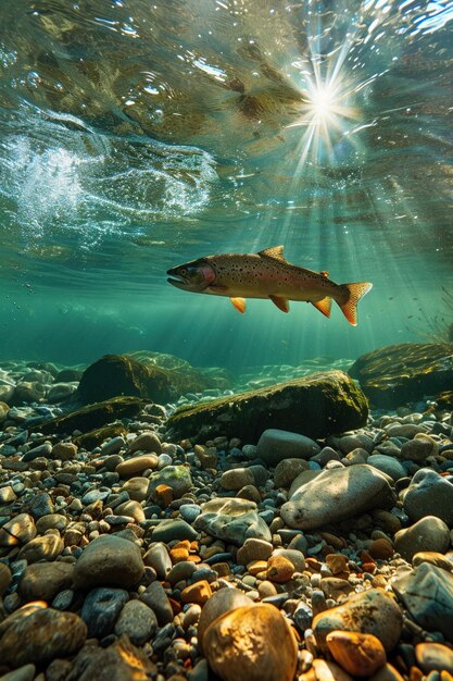 Photo salmon swimming upstream clear river