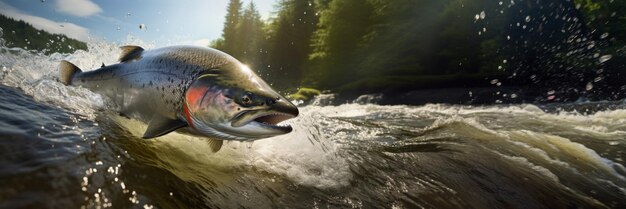 salmon swims against the current jumping out of the water Generative AI