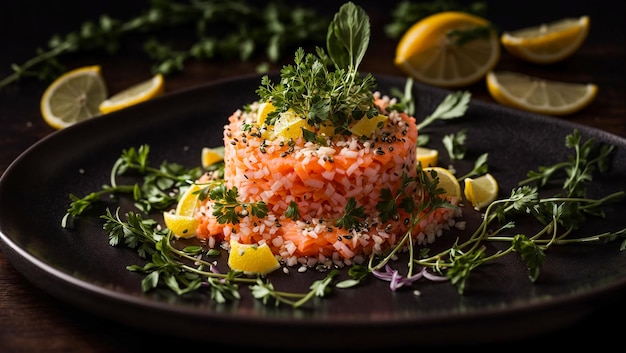 Salmon tartare on old background