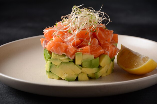 Salmon tartare with avocado. Tasty appetizer.