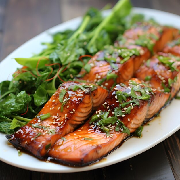 Foto salmon teriyaki op een wit bord met sesamzaad ai generative