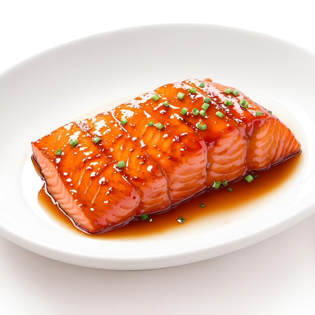 Salmon Teriyaki with Herbs and Spices on White Plate