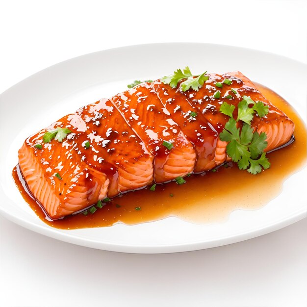 Photo salmon teriyaki with herbs and spices on white plate