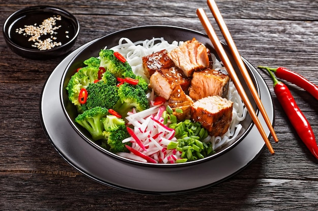 Salmon teriyaki with rice noodle broccoli radish and green onion in a bowl with chopsticks on a dark wooden table