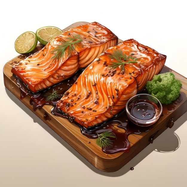 Salmon teriyaki with sauce and lime on a wooden board
