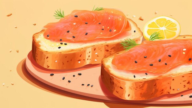 Foto salmon toast foto op pastelgele achtergrond