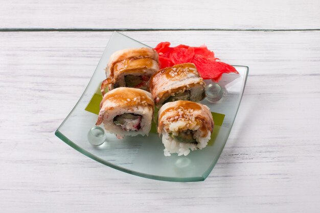 Salmon and tuna rolls. Vegetarian products and fish and rice, sea cabbage