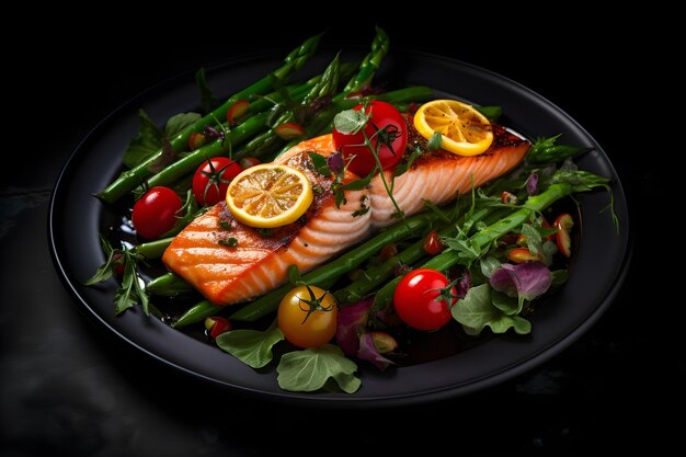 salmon vegetables herbs plate food dark background