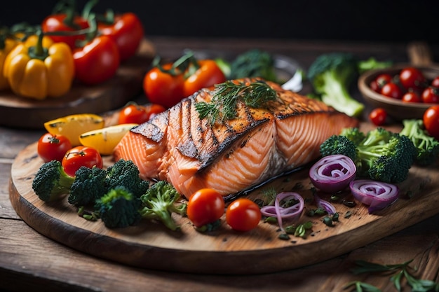 salmon vegetables herbs plate food dark background