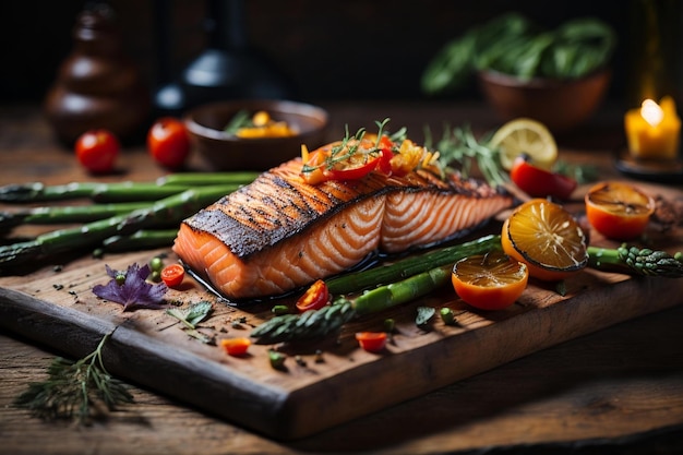 salmon vegetables herbs plate food dark background