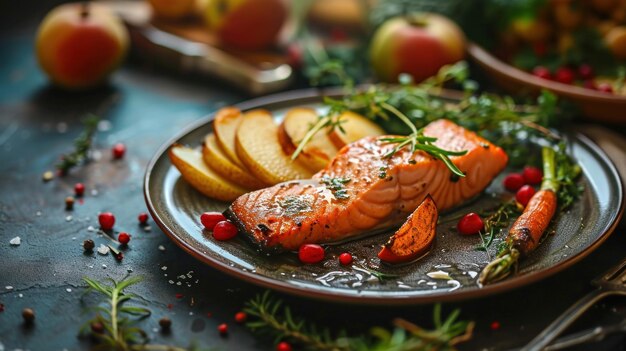 salmon vegetables and pears on a plate