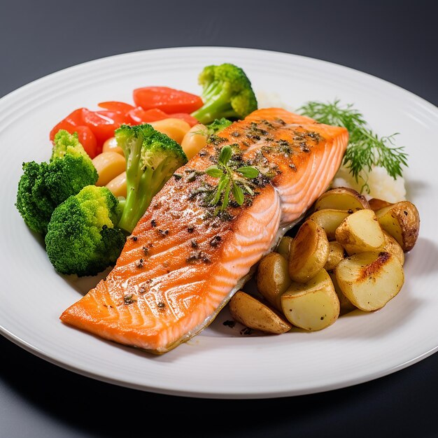 Salmon on vegetables with potatoes delectable seafood feast