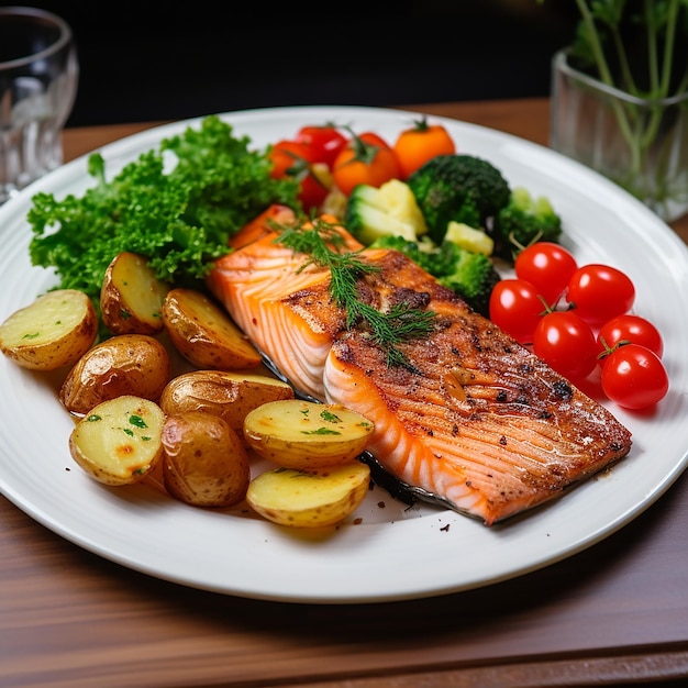 Salmon with baby spinach and potatoes on a plate