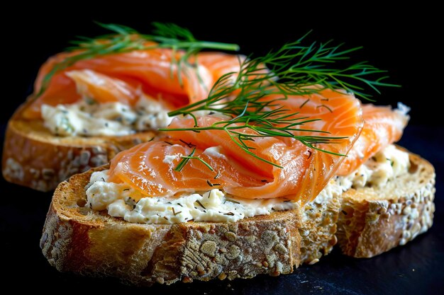 Salmon with cream cheese on toast with dill on a black background AI generated