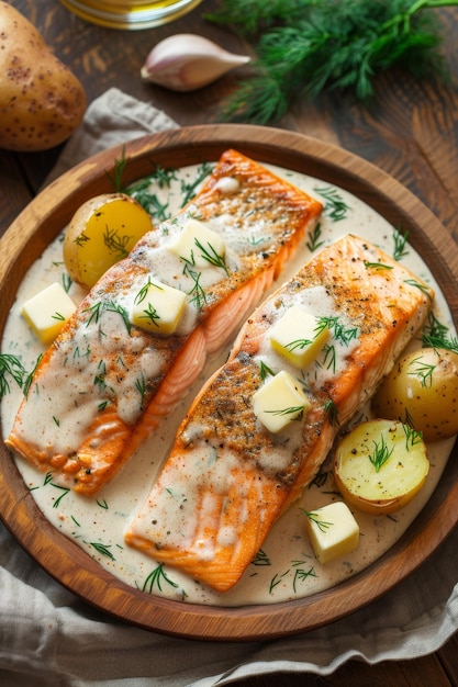 salmon with herbs and potatoes Generative AI