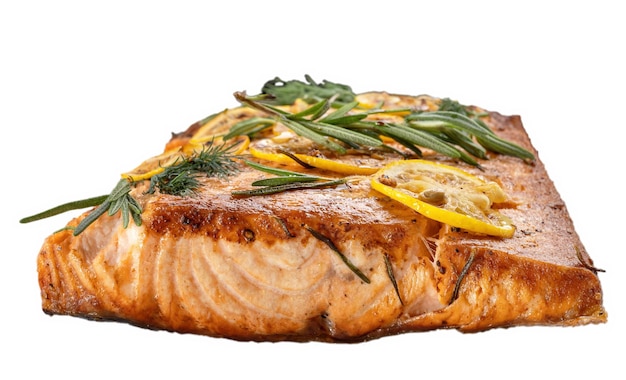 Salmon with lemon steak decorated with rosemary Macro 45 side view