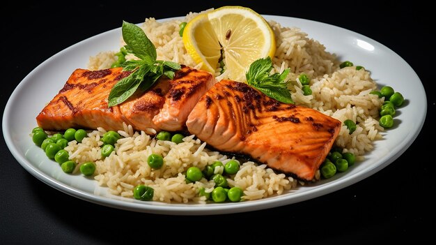 Photo salmon with rice and peas on a plate