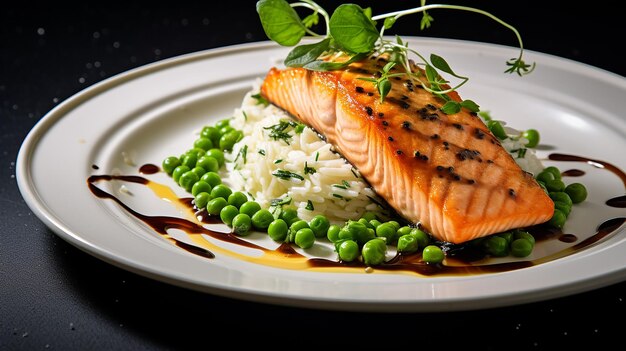 Photo salmon with rice and peas on a plate