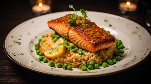 Photo salmon with rice and peas on a plate