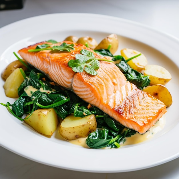 Photo salmon with rice and peas on a plate