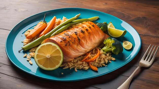 Salmon with rice and vegetables on a blue plate on a wooden table generative ai