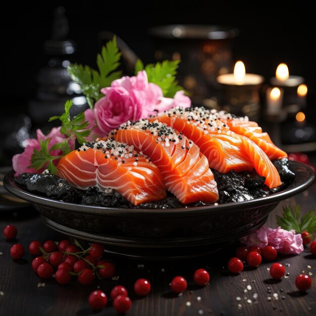 Salmon with sesame seeds on a plate