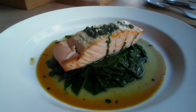 Photo salmon with spinach on top