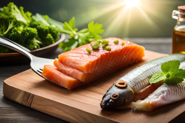 Salmon with vegetables on a cutting board