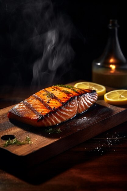 Foto un salmone su una tavola di legno con sopra dei limoni