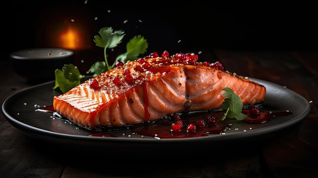 Salmon on a wooden table with a blurred background