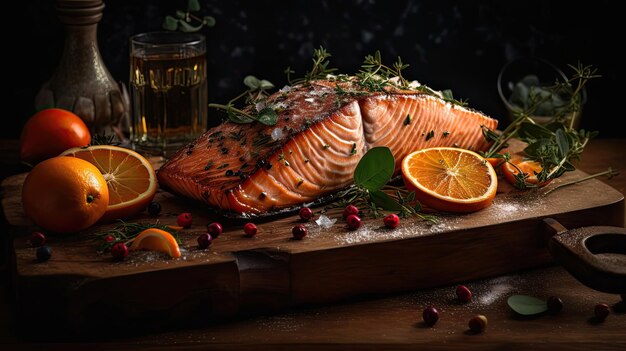 Salmon on a wooden table with a blurred background