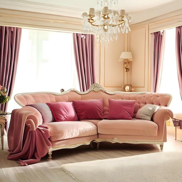 salon interieur met roze sofa kleurrijk kussen en mooi raamgordijn