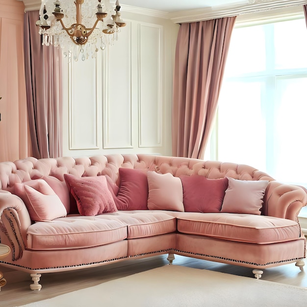 salon interieur met roze sofa kleurrijk kussen en mooi raamgordijn