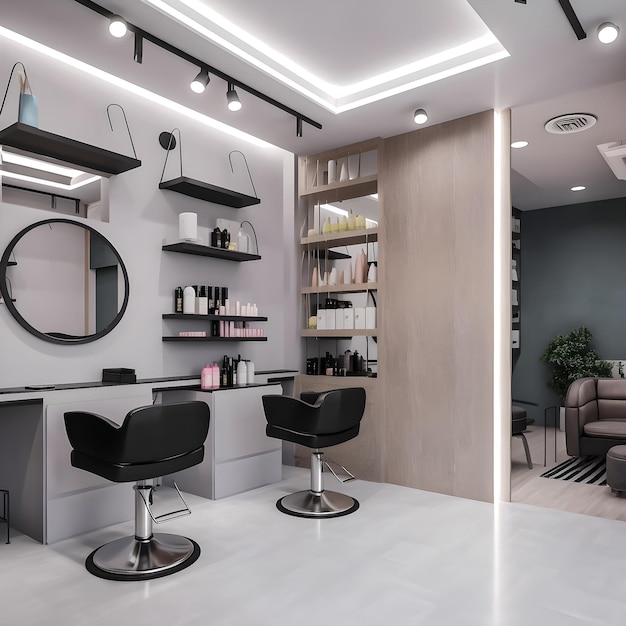 A salon with a mirror and a hair dryer on the wall.