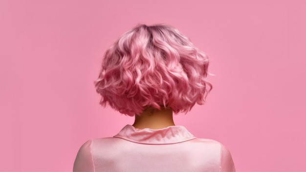 Photo salon woman hairstyles for middle curly hair rear view closeup millennial pink studio lighting