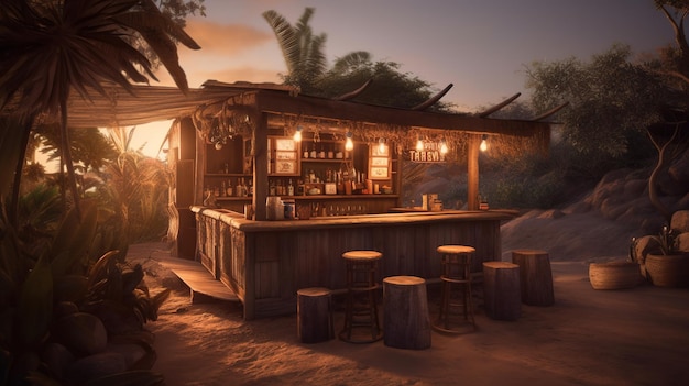 a saloon in the midst of the wasteland with a few bar stools