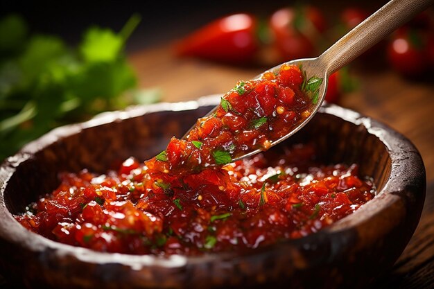 Photo salsa being spooned onto a plate next to grilled meats or vegetables