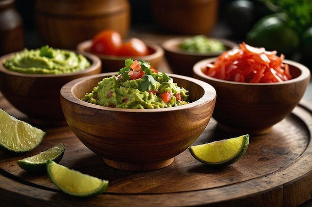 Foto salsa en guacamole in houten schalen