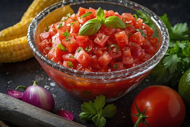 Salsa Fresca in Glass Bowl with Ingredients