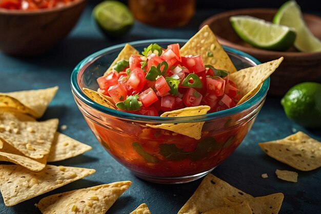 Salsa Fresca in Glass Bowl with Tortilla Chips