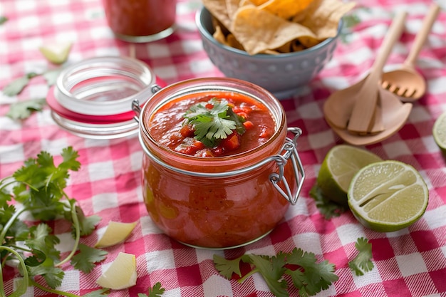 Foto salsa in un barattolo di vetro e su un tavolo