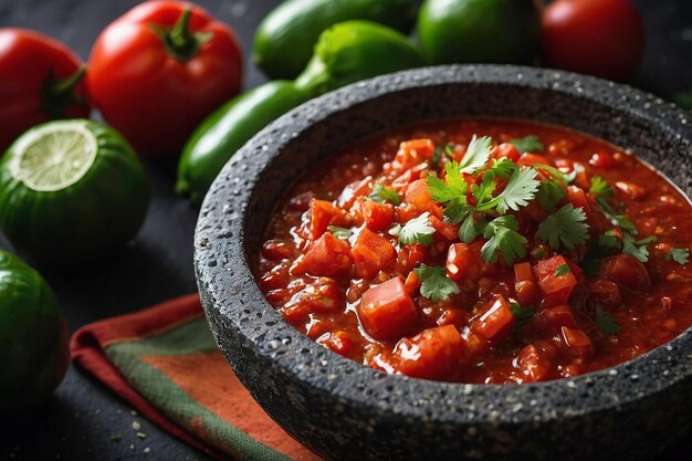 Foto salsa roja in de traditionele mexicaanse molcajete