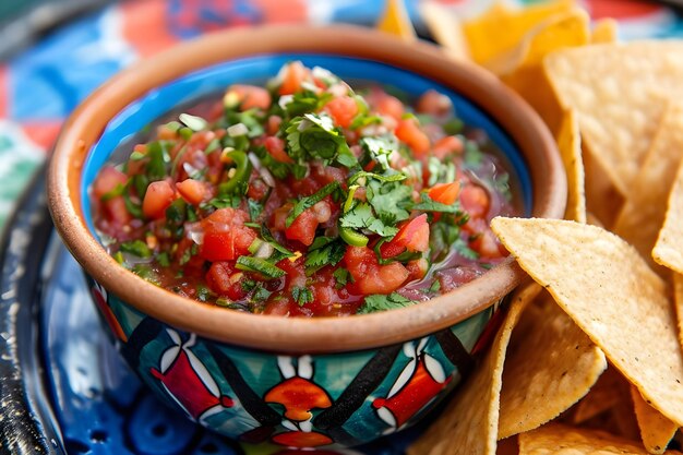 Photo salsa sensation chips and salsa in a vibrant folk ceramic dish