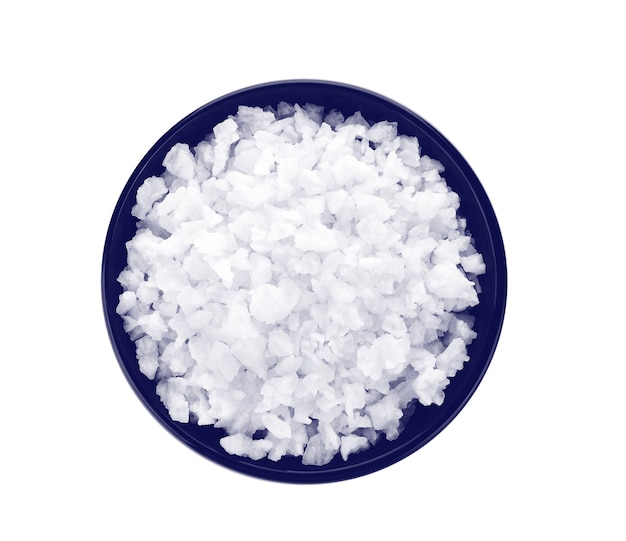 Salt in blue bowl isolated on white 