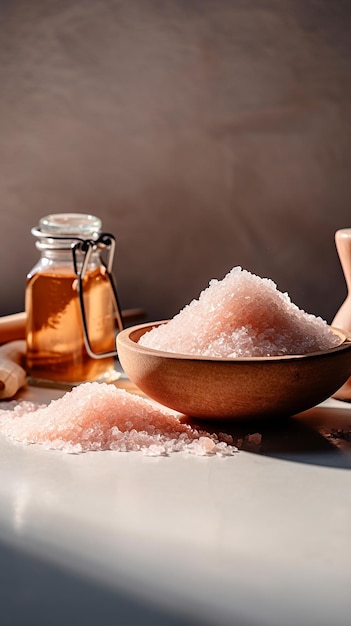 Salt in a bowl with a bottle of oil next to it