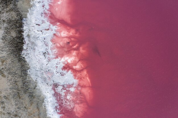 ピンク湖の塩に覆われた海岸。