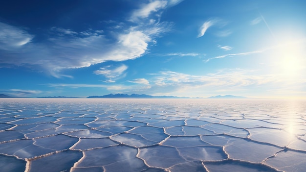 Salt lake with mountains in the background